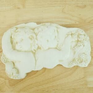 Vintage Cherub Wall Plaque Hen Feathers 90s Country Shabby Chic Farmhouse Angels